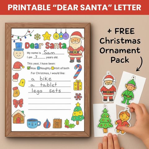 Printable “Dear Santa” Letter + FREE Christmas Ornament Coloring Pack
